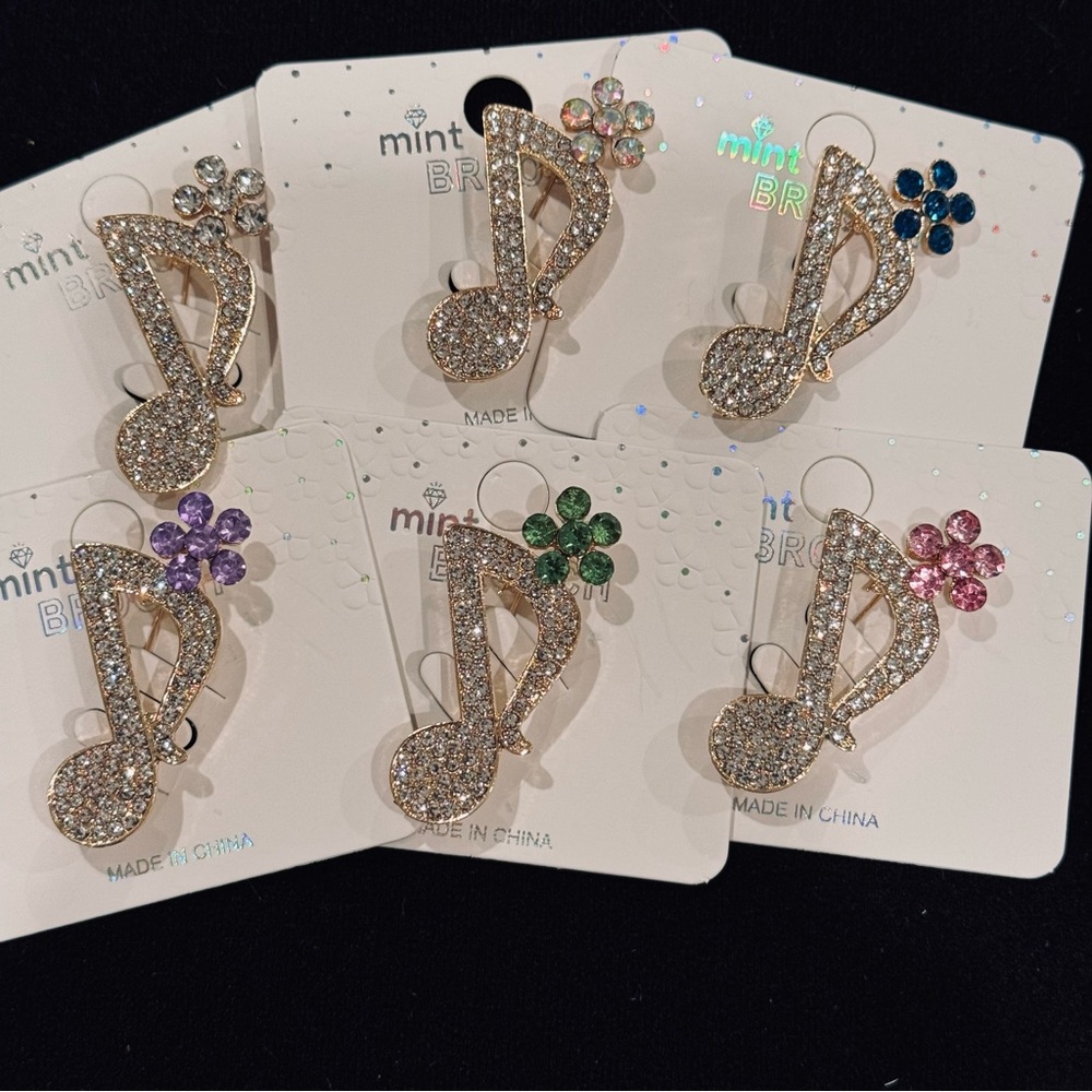 NWT Mint Rhinestone Music Note & Flower Brooch Pin Clear - Picture 6 of 7